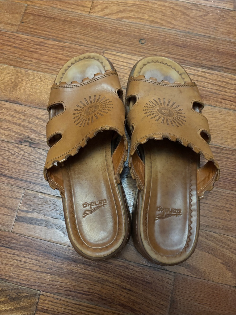 Dansko Tan Leather Slide Mules with Sunburst Cutout